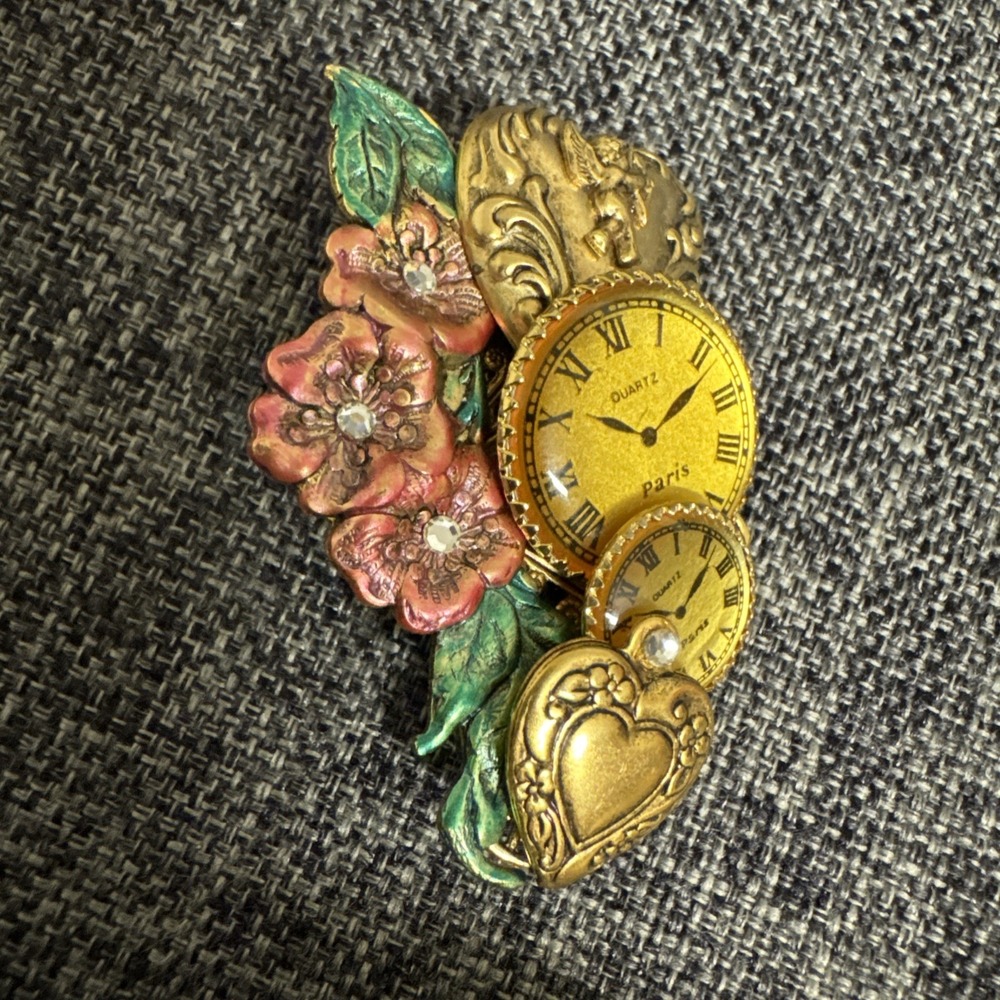 Vintage Unique Clock Brass Metal Tones Flowers & Hearts Women Brooch Pin Charm